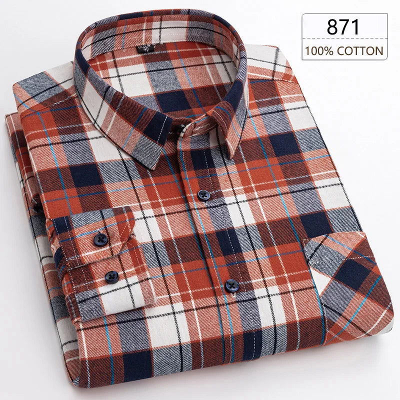 New Spring Long Sleeve Plaid Shirts For Men 100% Cotton Flannel Plus Size Easy care Confortable Top Casual Smart Dress Shirts