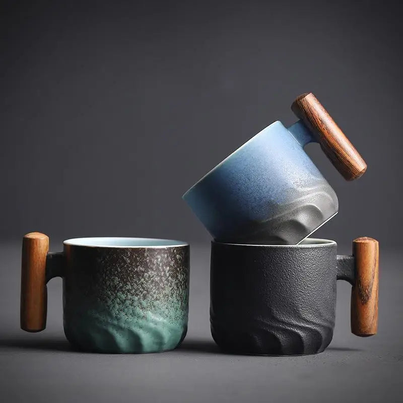 6pcs Set Ceramic Retro Espresso Coffee Cup With Wooden Handle Office Water Cup Tea Mug Ceramic Coffee Mug Handmade Tea Gift Box