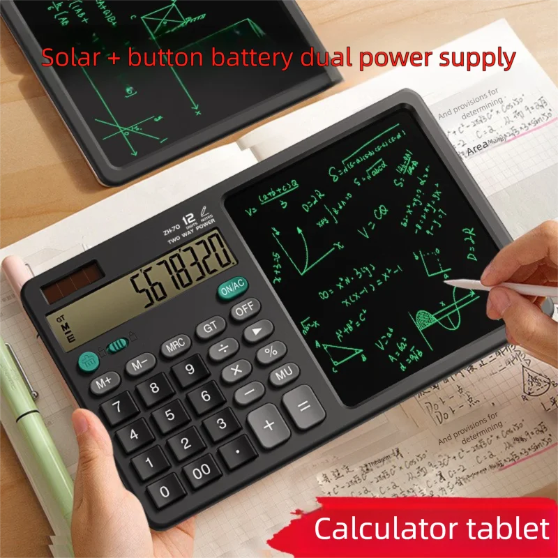 Desktop office calculator; Financial accounting; School office; Teacher student writing draft memo; Handwriting board computer.