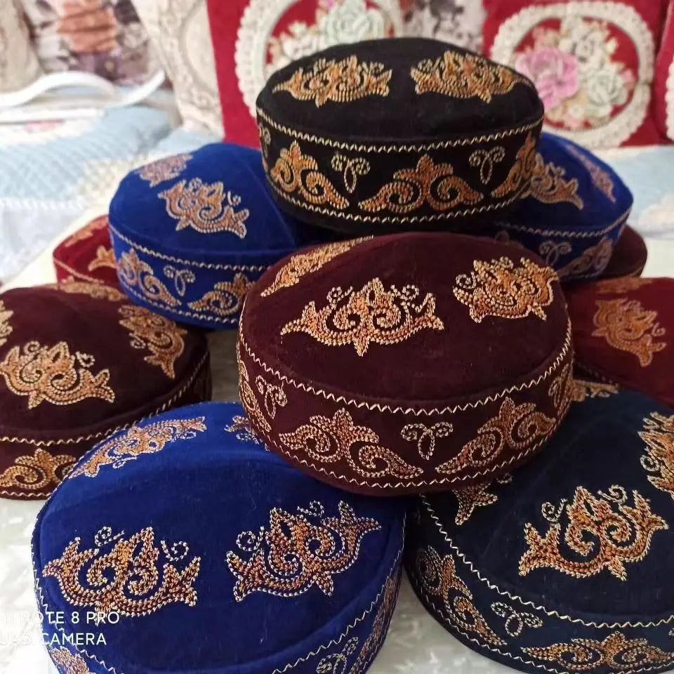 Kazakh Style Caps for Women Men Dancing Party Hats Fashion Black Blue Kufi Muslim Hijab Handmade Embroidery Ethnic Hat