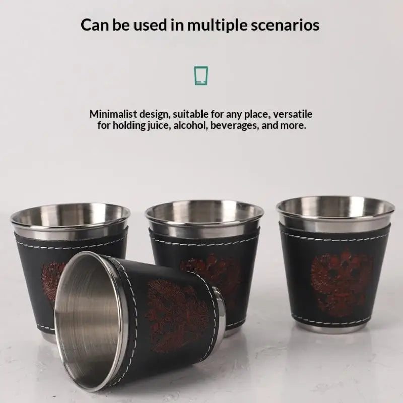 4Pcs/Set Portable Coffee Wine Beer Whisky Cup Camping Tableware Outdoor Travel Cups Stainless Steel Cup With PU Leather
