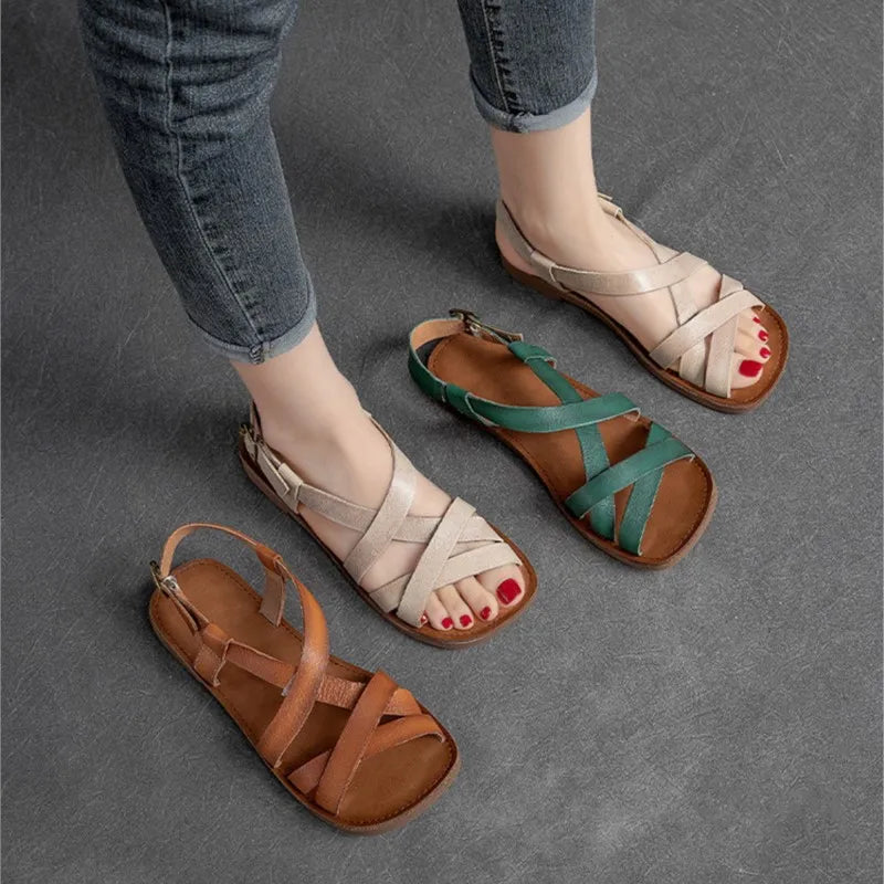 Johnature Simple Genuine Leather Flat Sandals 2026 Summer New Casual Solid Color Soft Sole Comfortable Versatile Women Shoes