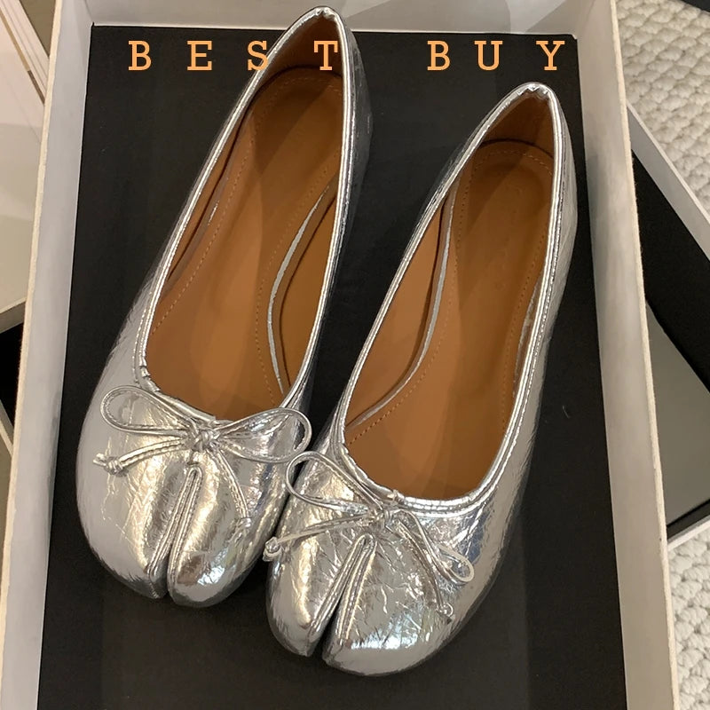 Tabi Shoes Ballet Falts Leather Ballerina Shoes For Women Split Toe Flats Tabi Shoes Slip On Soft Bottom Moccasins with Bowress