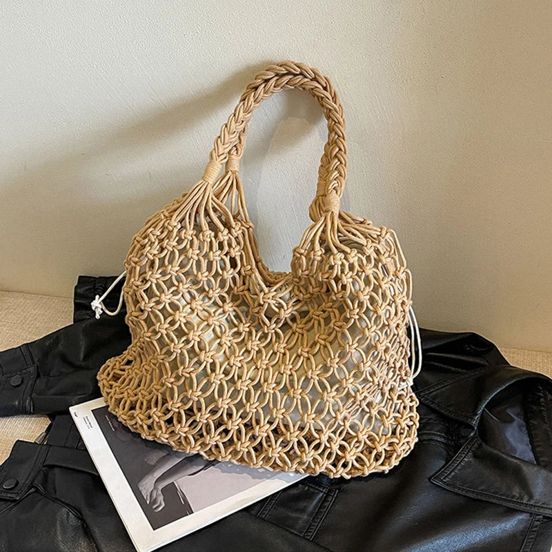 Hand-Woven Bag Women Handmade Hollow Handbag Female Shoulder Bag Big Capacity Summer Casual Travel Beach Tote Purse