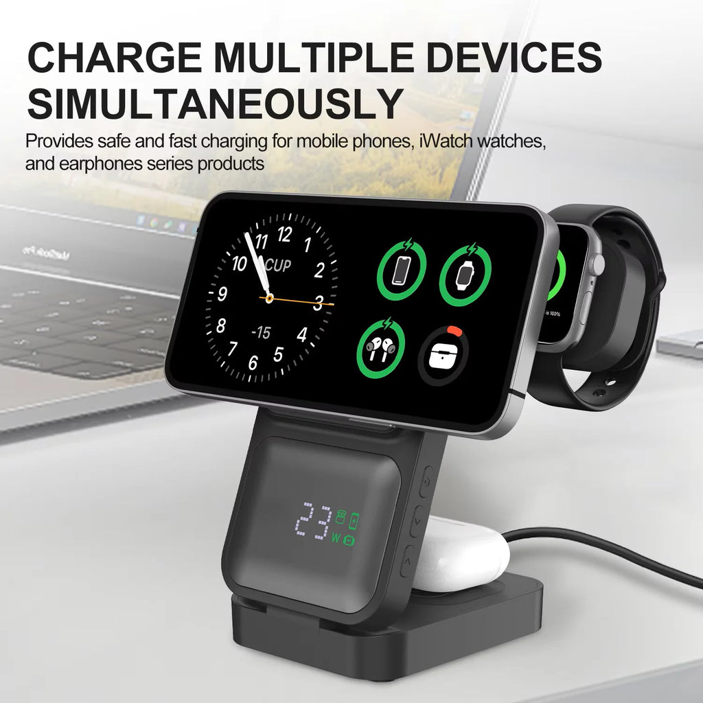 New Folding 3-in-1 Wireless Charger 15W Magnetic Wireless Charger Comes With Clock and Power Display functions For Phones
