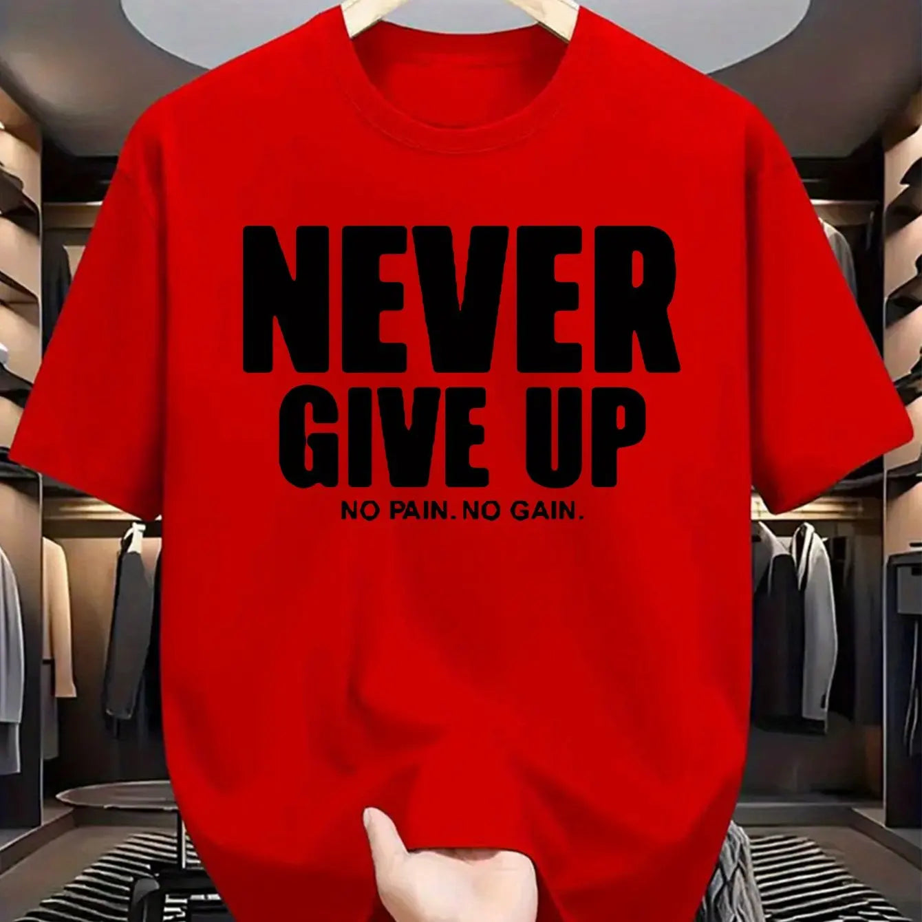 Men's 100% pure cotton fashionable casual loose sports never give up letter pattern printed round neck short sleeved T-shirt top