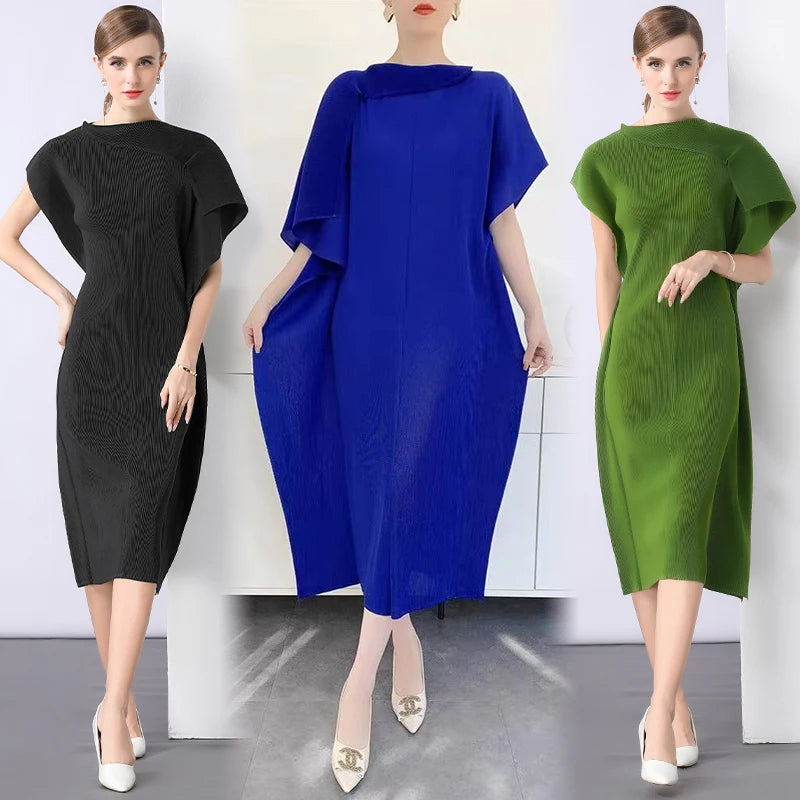 Spring Summer Pleated Casual Maxi Dress Women's High-End Elegant, Miyake Unique Design Drapey Wrinkle Texture Loose Women's 2025