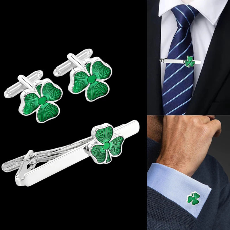 Fashion Enamel Four Leaf Clover Tie Clip Cufflinks Collar Studs Cuff Links Set Women Men Business Shirt Tie Jewelry Accessories