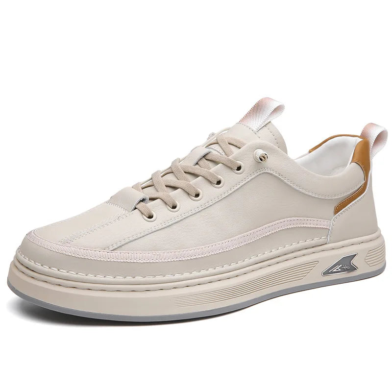 New Designer Retro Leather Sneakers for Men Fashion Spring Autumn Casual Shoes Male Solid Color Lace White Board Shoes Man