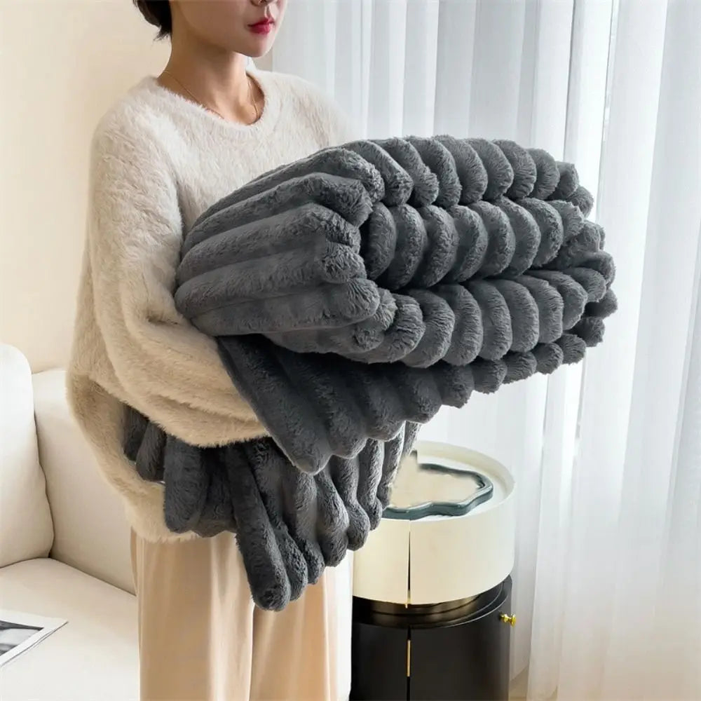 Ultra Soft Faux Rabbit Fur Throw Blanket Warm Plush Striped Blankets Conditioning Quilt Fluffy Throws for Couch Chair Sofa - Free Items Weekend (50% off)