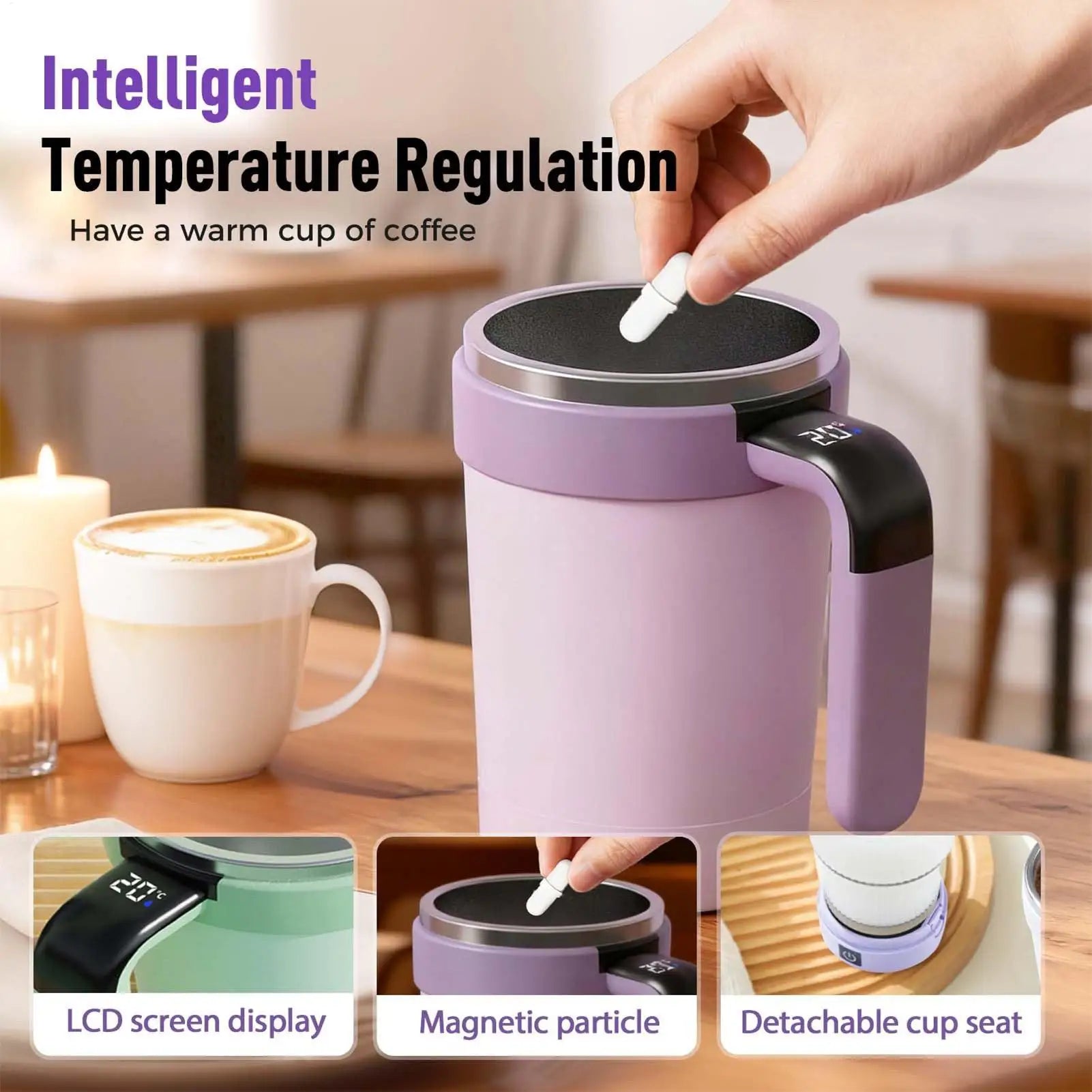 Smart Self-Stirring Coffee Mug 380ml With Temp Display & Rechargeable Battery, Auto Mixes Drinks, Keeps Warm For Desk, Home