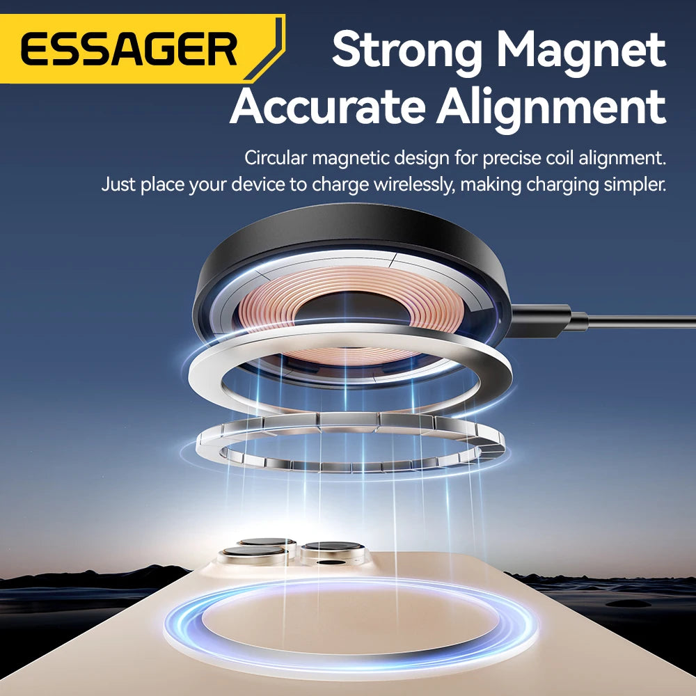 Essager Magnetic Wireless Charger With Holder 15W Fast Charging For iPhone17 16 15 14Pro Max Airpods Mini Wireless Phone Charger - Free Item Weekend (50% off).