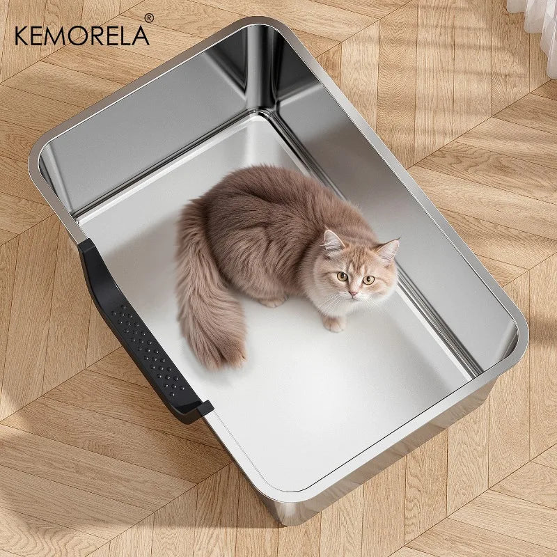 Extra Large Stainless Steel Litter Box, Non-Stick Odor-Free Metal Pan (Easy Clean, Hygienic Tray for Multiple Cats, Small Pets）