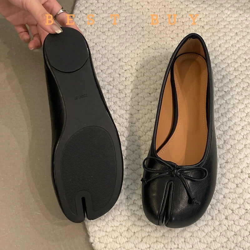 Tabi Shoes Ballet Falts Leather Ballerina Shoes For Women Split Toe Flats Tabi Shoes Slip On Soft Bottom Moccasins with Bowress