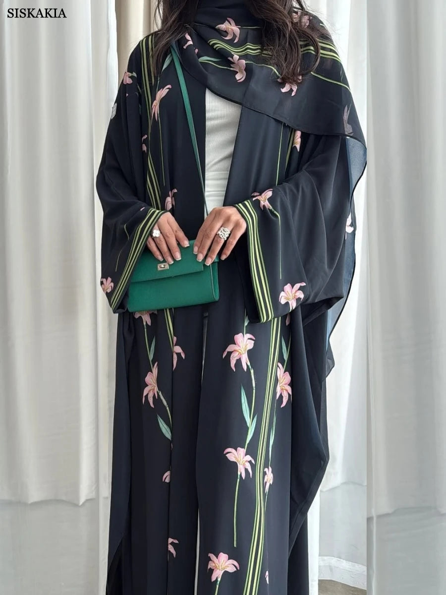 Siskakia Muslim Elegant Floral Print Women Open Abaya Mesh Hijab included Long Sleeve Kaftans