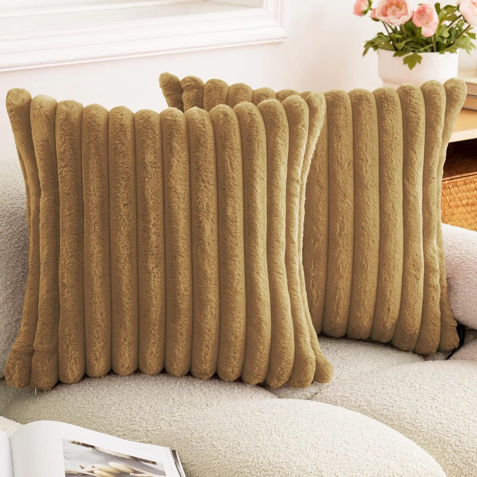 Faux Rabbit Fur Square Cushion Cover Big Thick Striped Super Soft Solid Color Pillow Cover 24×24inch Sofa Decor Cushion Covers