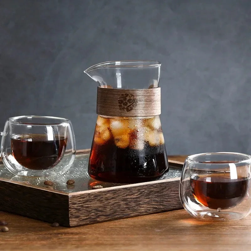 2pcs Set Coffee Carafe,Glass Coffee Server Carafe Pot, Pour Over Coffee Maker Decanter Pitcher with Heat-Resistant Wood Ring 