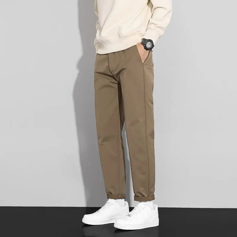 Men's Khaki Casual Trousers Slim Fit Tapered Leg Business Daily Pants
