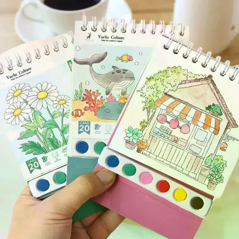 DIY Watercolor Painting Workbook; Inbuilt Paint and Stand-Alone Desktop Decor- Crafting Set