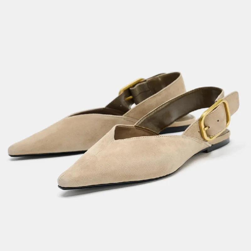 Fashion Back Strap Metal Buckle Flat Pumps Women Retro Brown Faux Suede Pointed Toe Slingback Loafers Comfortable Women Shoes