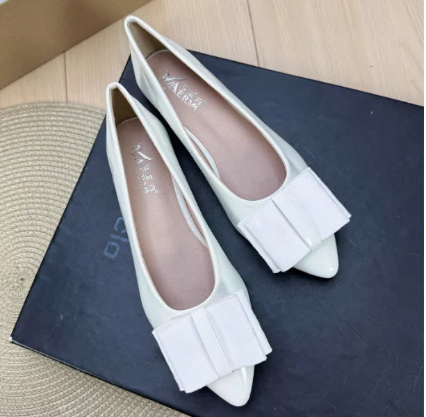 Women Shiny Leather Pointy Tip Slip-On Orange Green Flat Shoes Leathers Low Top Chaussures Bow 34 48 Skinny Shoes For Slim Feet
