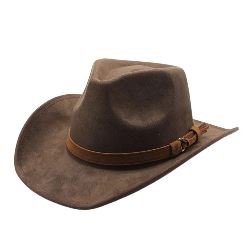 Women Men Felt Cowgirl Cowboy Hat Unisex Vintage Retro Soft Wide Brim Chamois Western Hat with Belt for Party