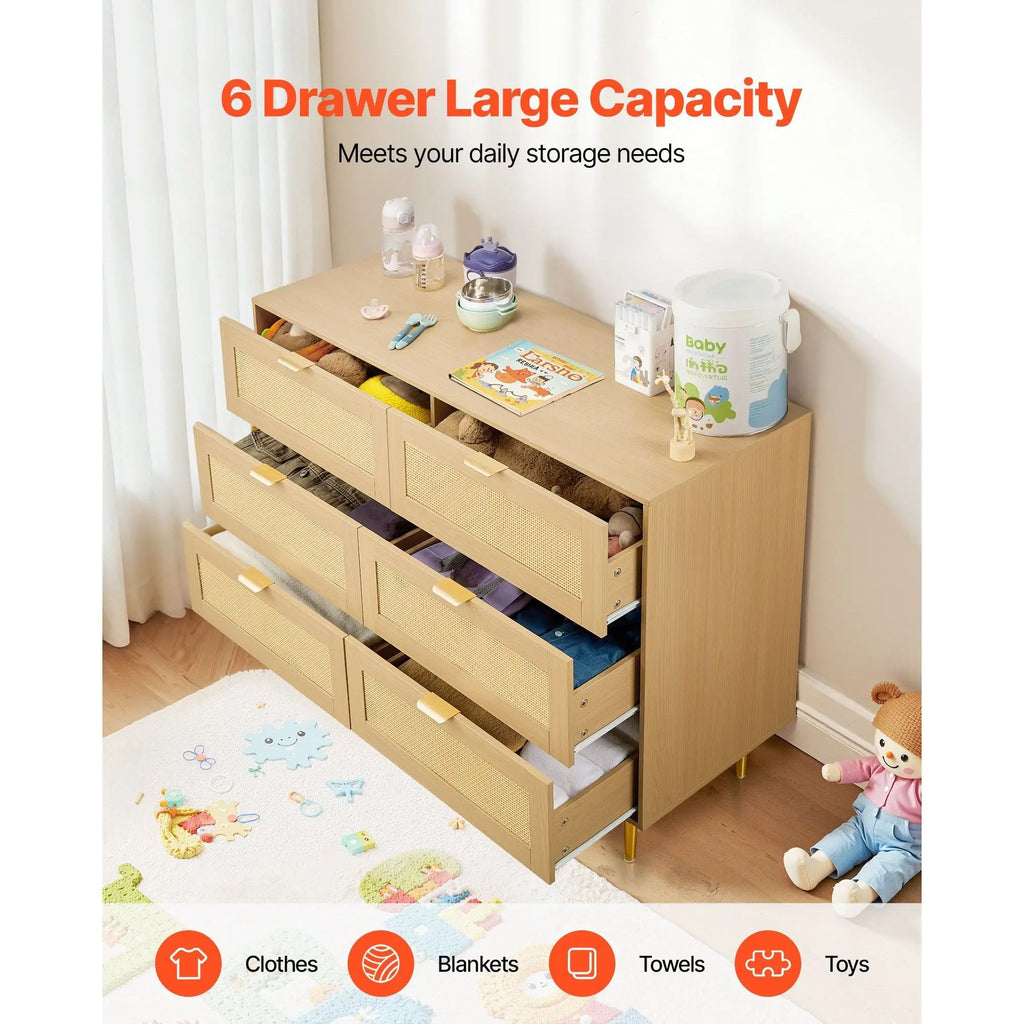 Modern 6-Drawer Rattan Dresser Metal Handles Legs Natural Wood Chest Clothing Organizer for Bedroom Living Room Hallway Model