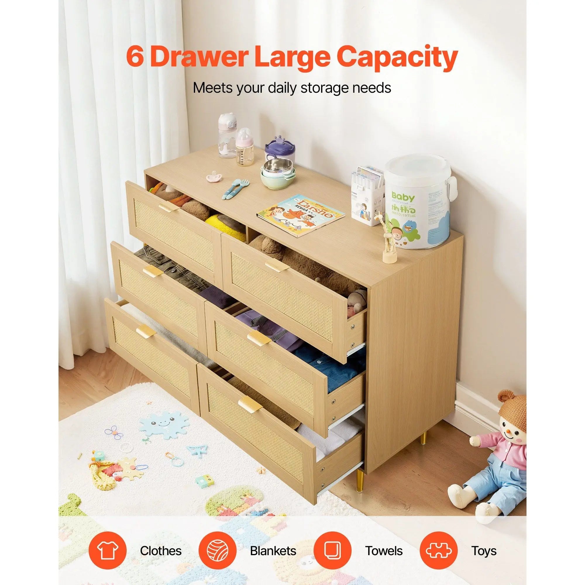 Modern 6-Drawer Rattan Dresser Metal Handles Legs Natural Wood Chest Clothing Organizer for Bedroom Living Room Hallway Model
