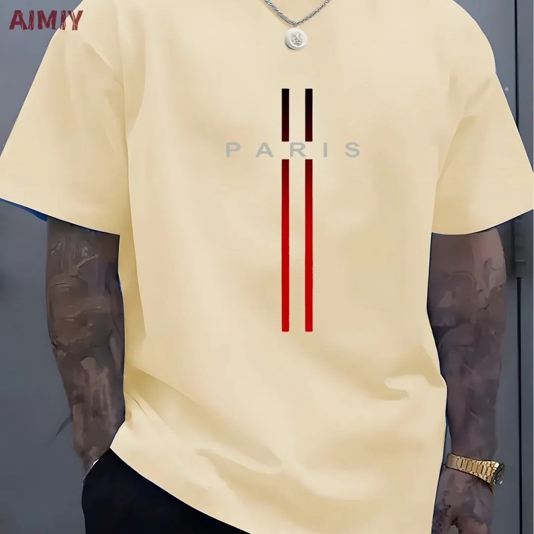 Summer Men's T-shirt Top Casual Loose Fit Oversized T-shirt PARI Letter Pattern Printed Round Neck Short Sleeved Homme Vêtement - Free Item.
