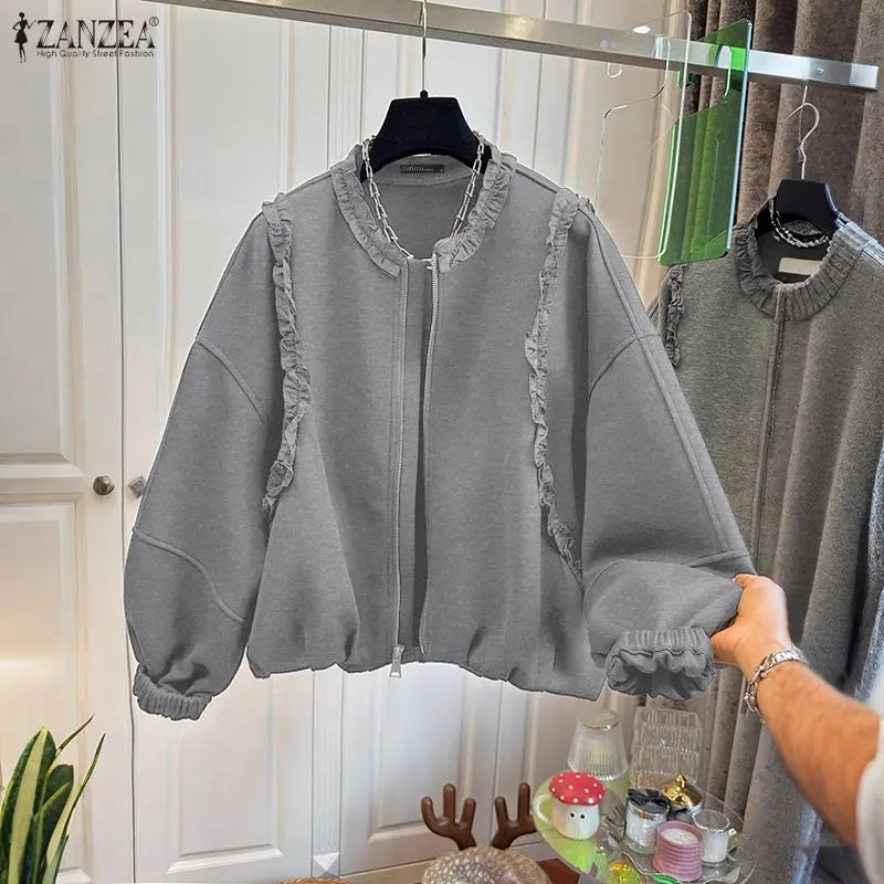 ZANZEA Casual Loose Lantern Sleeves Sweatshirts Women's Fashion Ruffled Trim O-Neck Zip-Up Hoodies Solid Color Woman Clothes 3XL