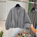 ZANZEA Casual Loose Lantern Sleeves Sweatshirts Women's Fashion Ruffled Trim O-Neck Zip-Up Hoodies Solid Color Woman Clothes 3XL