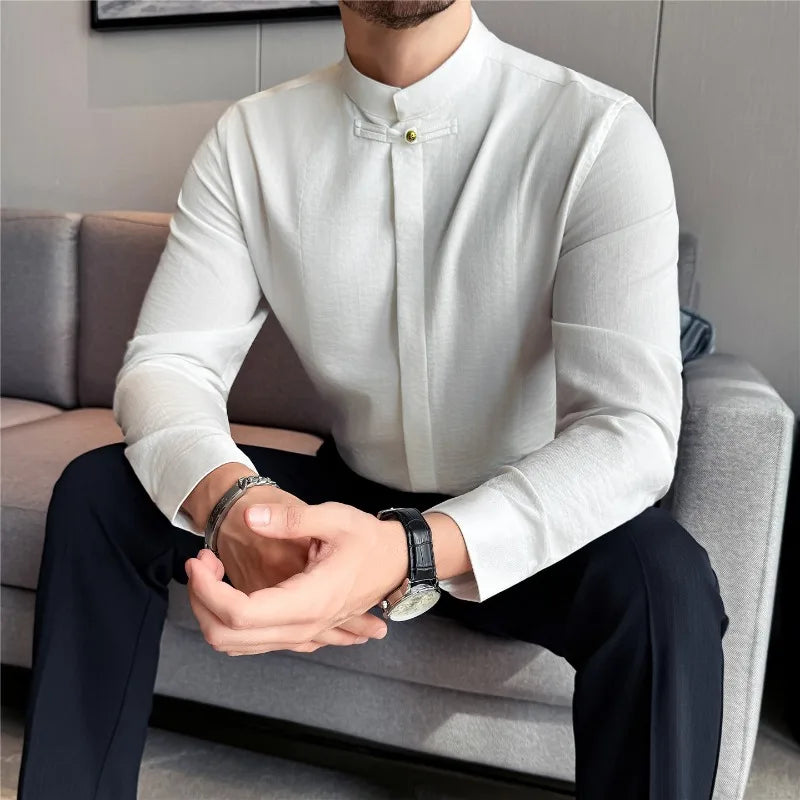 Chinese Style Stand Collar Men Shirt Hidden Button Solid Casual Slim Fit Long Sleeved Dress Shirts High Quality Men Clothing
