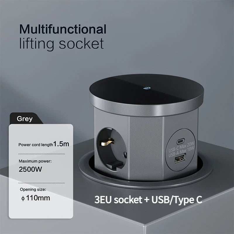 YINKA  Pop Up Table Socket Lifting Socket, USB Type-C Outlet, EU Socket, 15W Wireless Charge, Desktop Hidden Lifting Socket