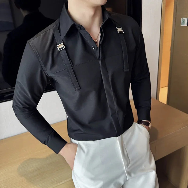 Gentleman Strap Decoration Shirt Men Long Sleeved Casual Business Dress Shirts Social Party Tuxedo Blouse Men Clothing