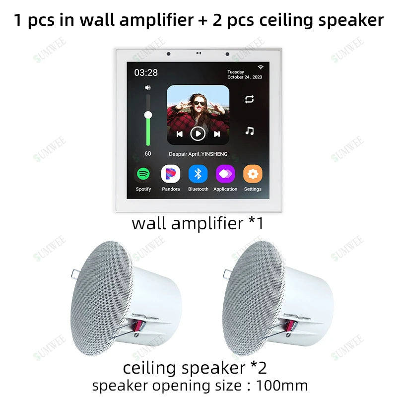 Smart Home Touch Screen 4 Inch Android 11 bluetooth audio in Wall Amplifier Alexa Voice Control Background Music Ceiling Speaker