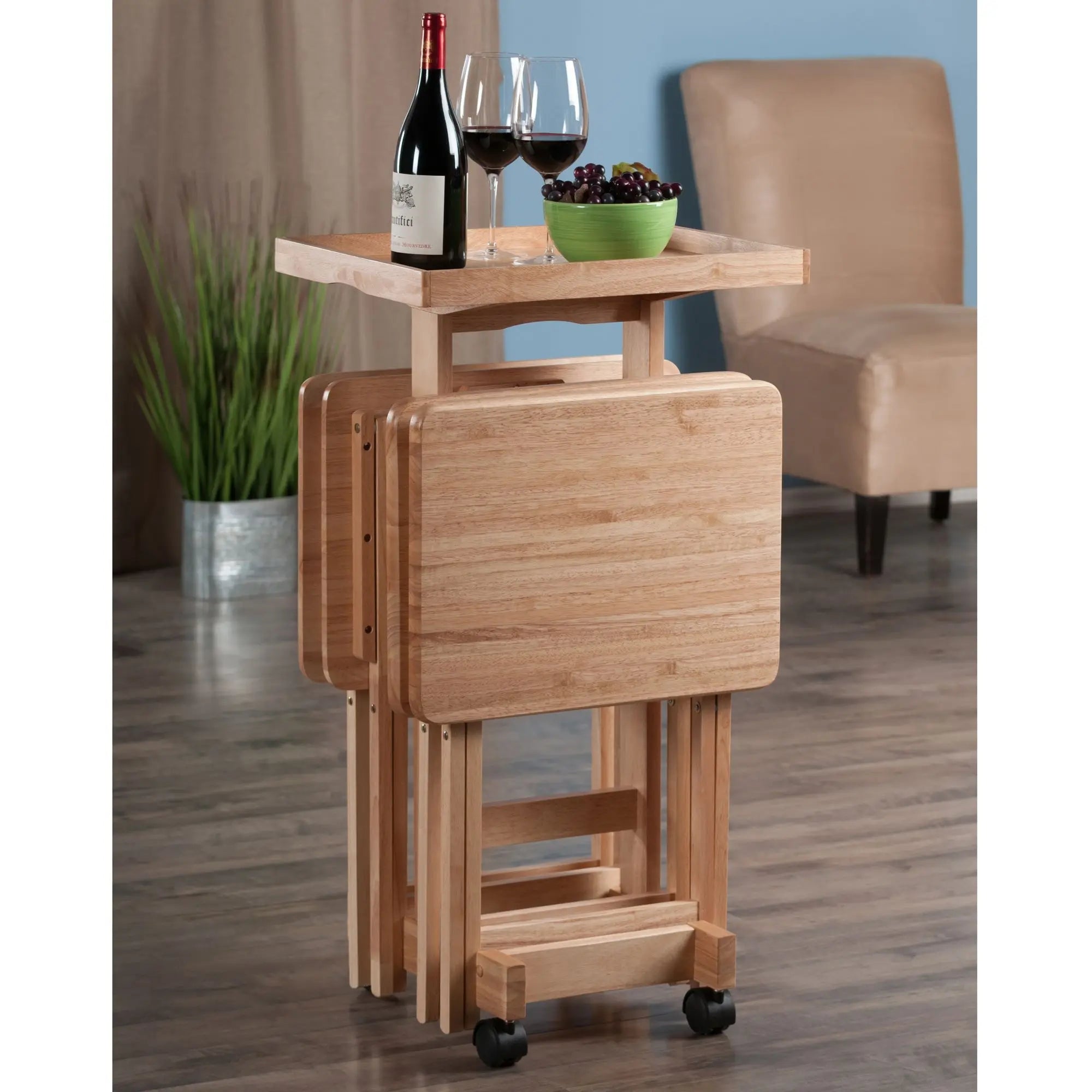 Naturel Outdoor Folding Snack Table Set Solid Wood Patio Furniture Minimalist Design Modern Style 6-Pc Set