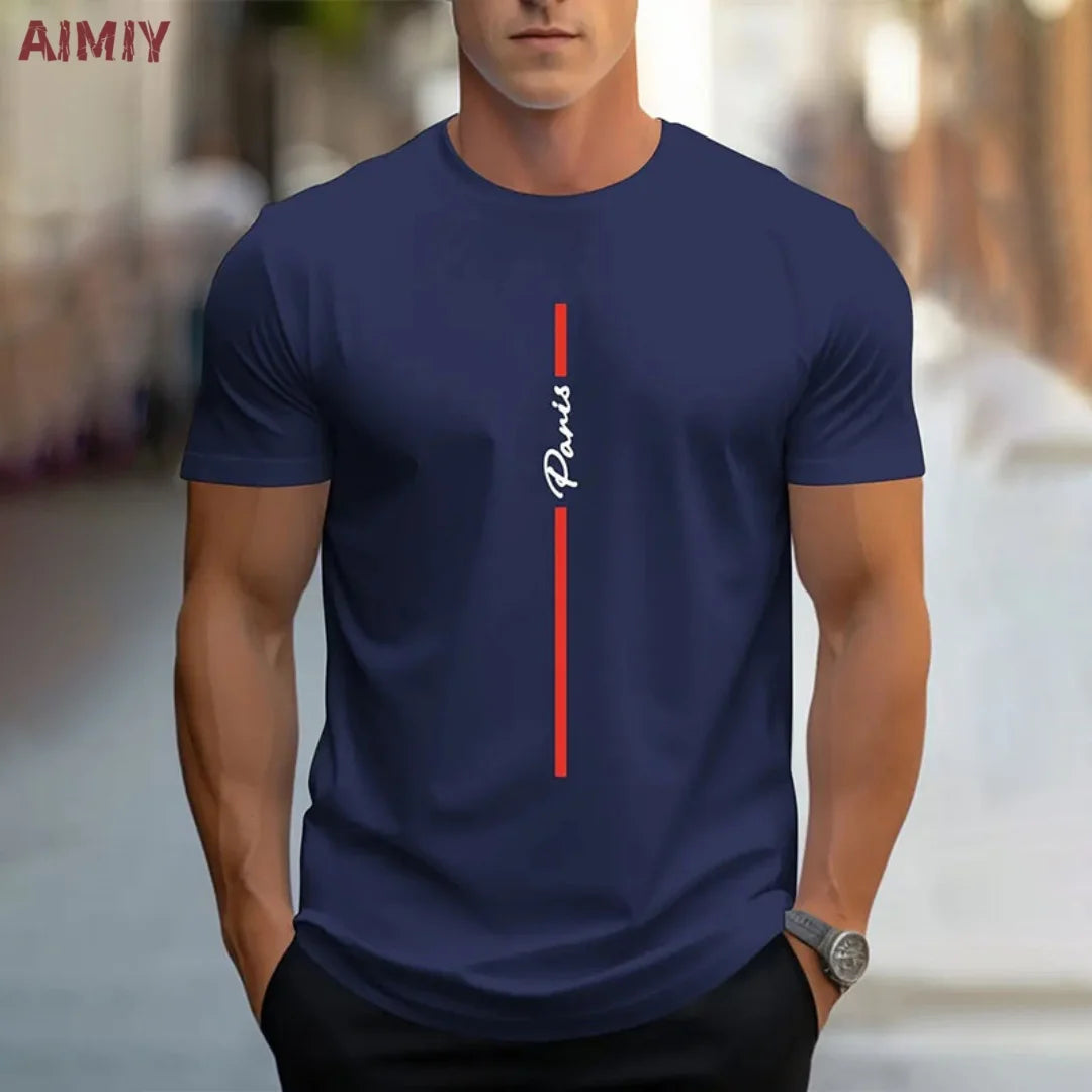 Summer Men's T-shirt Top Casual Loose Fit Oversized T-shirt PARI Letter Pattern Printed Round Neck Short Sleeved Homme Vêtement - Free Item.