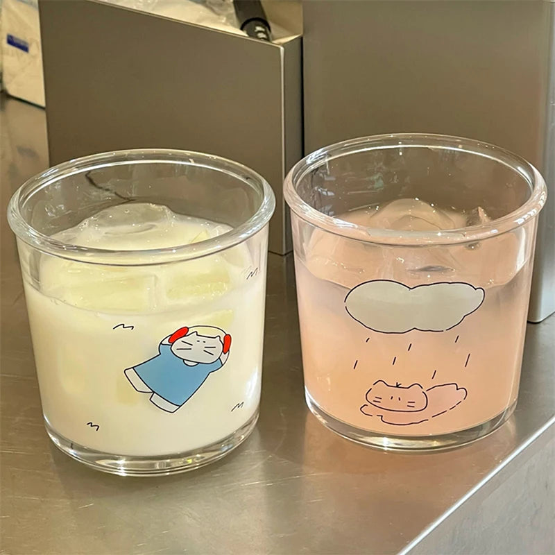 Kawaii Glass Cups Tumbler Iced Coffee Cup Aesthetic Cute Cat Korean Drinking Glasses Cups For Juice Beer Milk Tea Wine 400ml