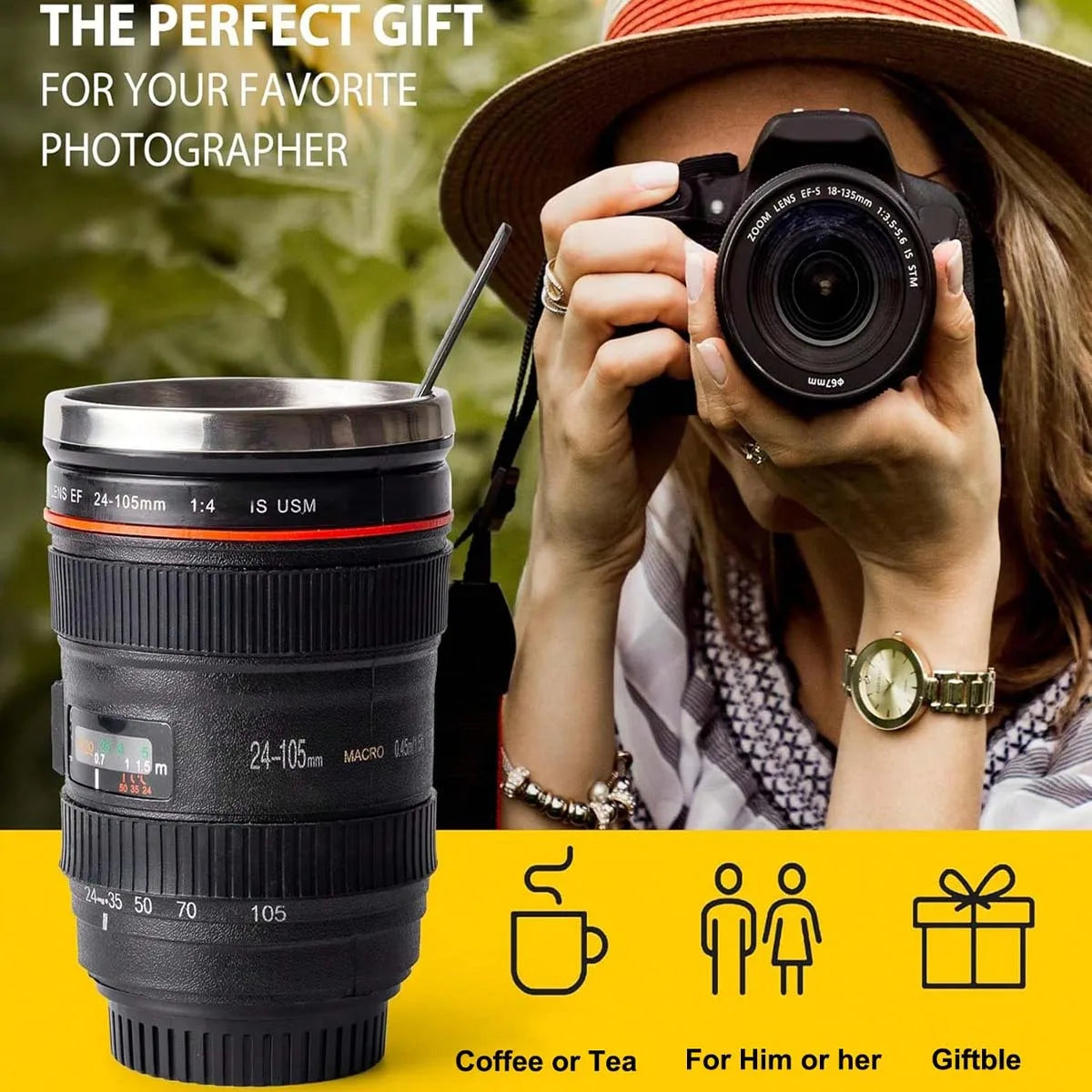 Camera Lens Mug Creative Camera Lens Stainless Steel Cup With Lid Portable Gift Cup For Outdoor Travel Camping For Photographers