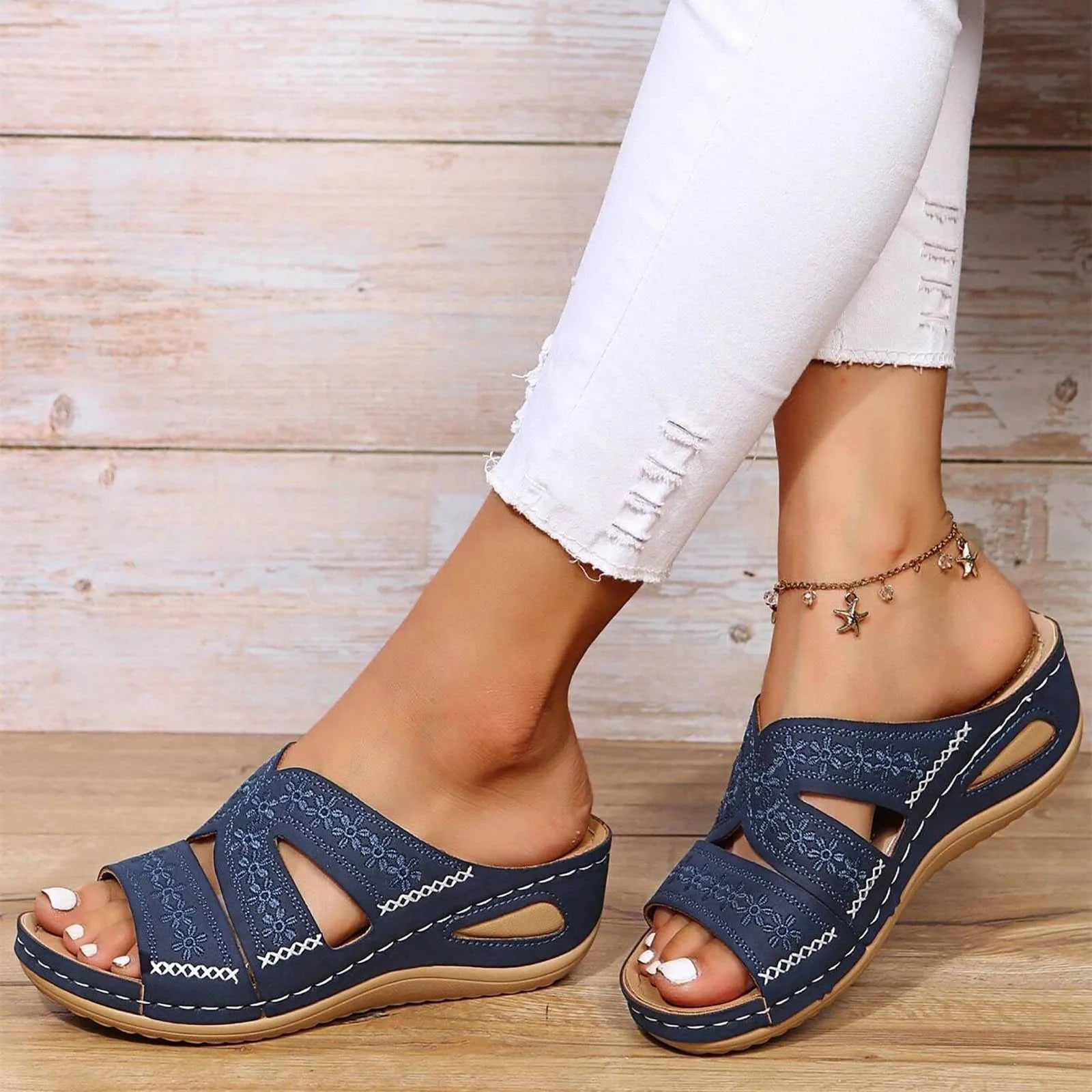 Women Wedge Slippers Premium Orthopedic Sandals Floral Embroidery Summer Open Toe Vintage Slippers Casual Platform Shoes Slides