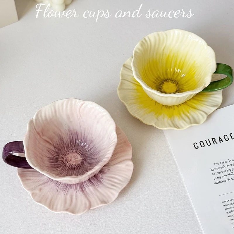 350Ml Ceramic Flower Coffee Cup Design Sense Niche Women High Value Latte Cups Beautiful  Saucer Set  Tea Cup Set Coffee Mug