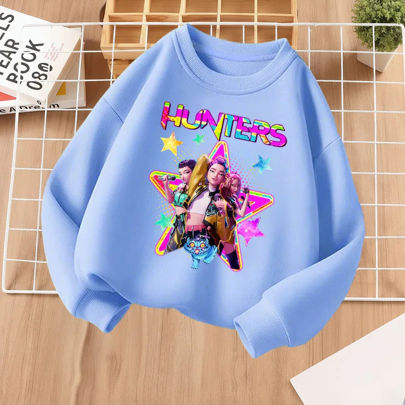 SPRING K POP Cartoon Printed Girls Casual Sweatshirts Kids O Neck Long Sleeve Tops Fashion Children's Fashion Hoodies Breathable