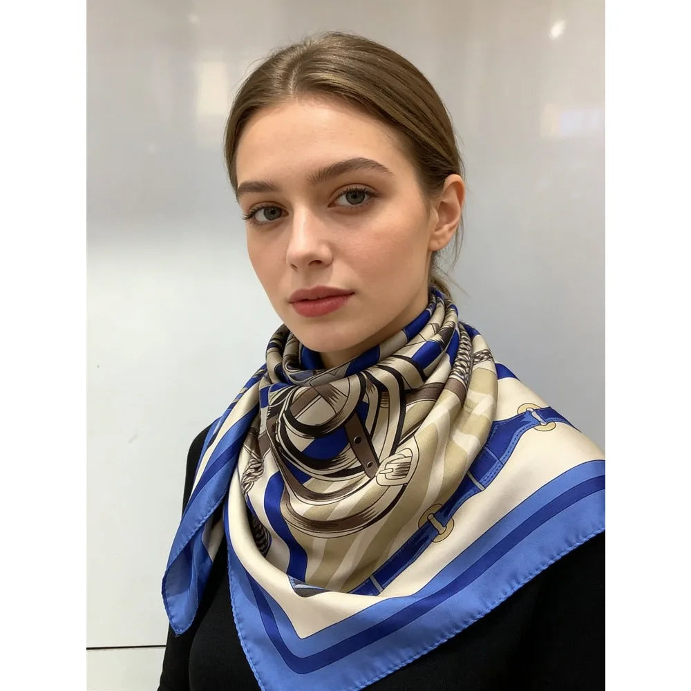 A new simple and elegant skin-friendly scarf, retro equestrian harness, classic soft silk scarf, portable sunscreen,