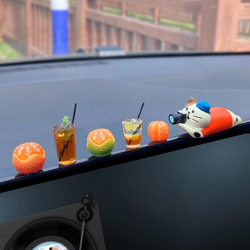 Auto Interior DIY Mini Cat Lemon Tea Coffee Scene Car Dashboard Ornaments Accessory