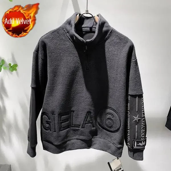 Half Zip Pullover Male Clothes Sweatshirt for Men Hoodieless Slim Fit Top Y2k Vintage 90s No Brand Emo Autumn S Winter Cotton