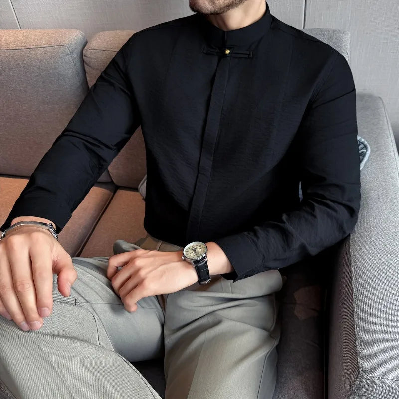 Chinese Style Stand Collar Men Shirt Hidden Button Solid Casual Slim Fit Long Sleeved Dress Shirts High Quality Men Clothing