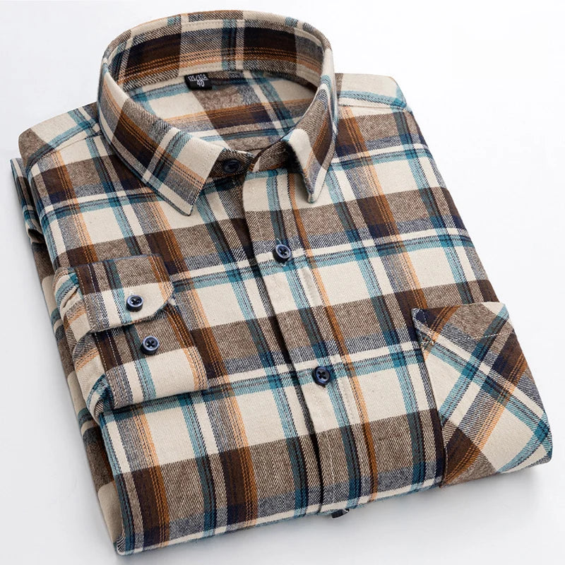 New Spring Long Sleeve Plaid Shirts For Men 100% Cotton Flannel Plus Size Easy care Confortable Top Casual Smart Dress Shirts