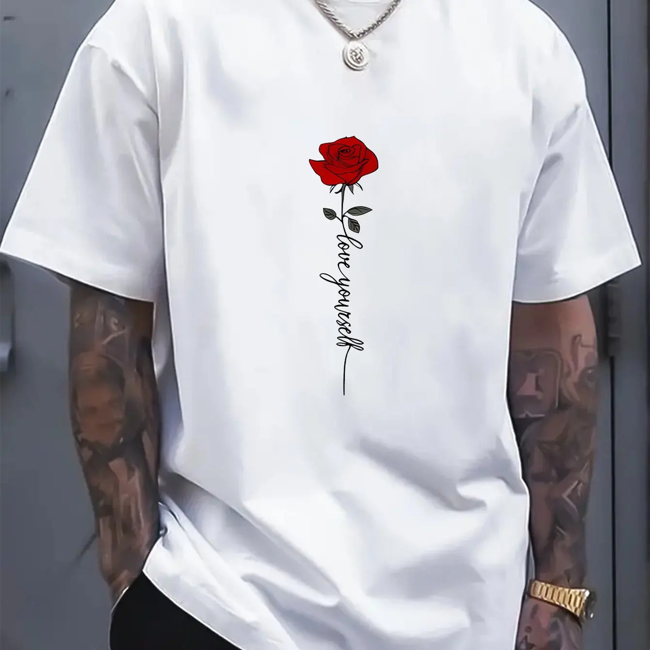 Men's summer 100 cotton fashionable casual sports loose red rose pattern printed round neck short sleeved T-shirt top