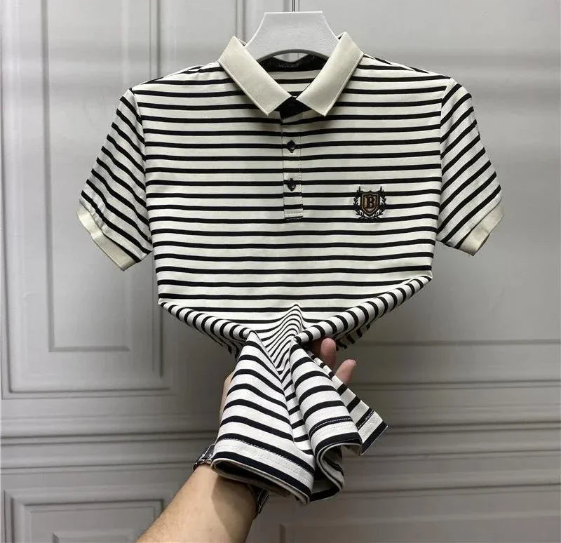Clothes Black With Collar Male Tee Shirts Striped Polo Men's T-shirt New In Streetwear Ordinary Top Quick-drying Trend Popular