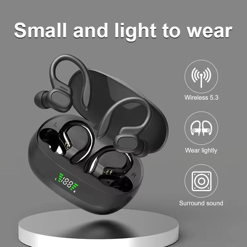 Wireless Earbuds Sport Bluetooth 5.3 Headphones with Noise Cancelling Mic 75H HiFi Stereo Over Ear Bud LED Display USB-C IPX6